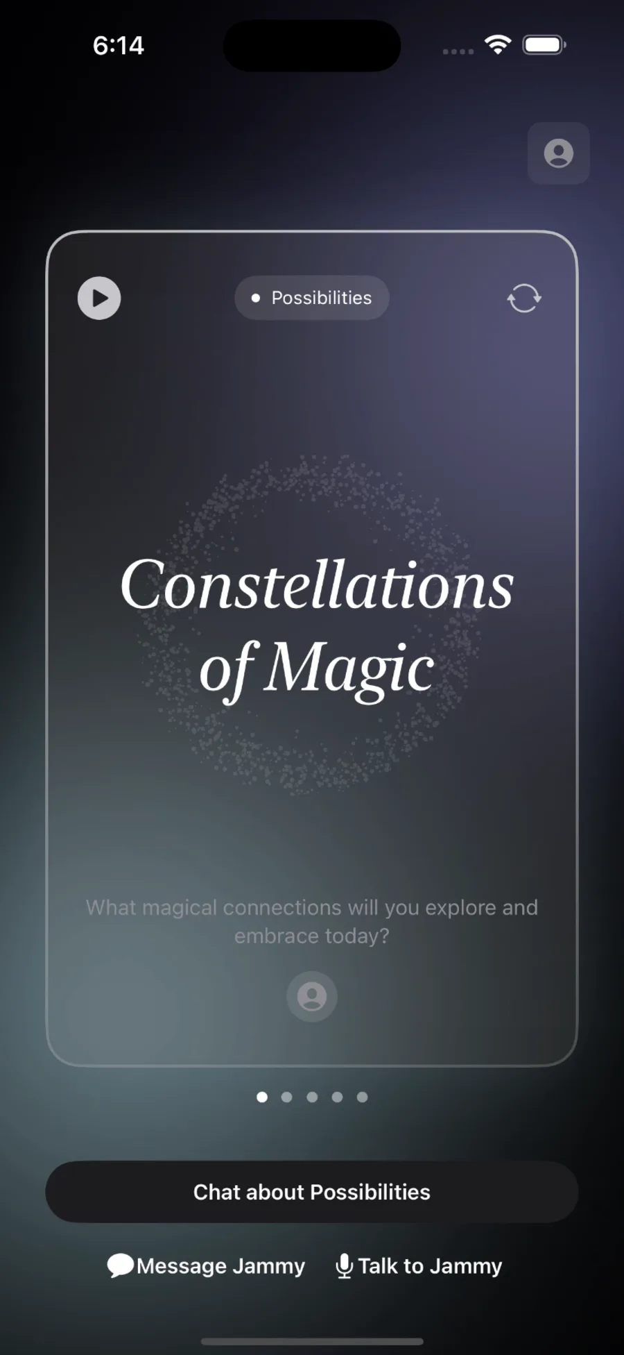Jammy card interface titled "Constellations of Magic", with a Chat, Message, and Talk to Jammy buttons below.